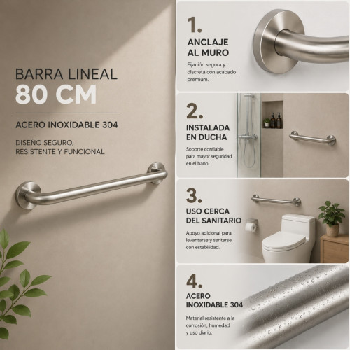 Kit Barra Seguridad Piso A Pared Y Barra Lineal De 80cm -304