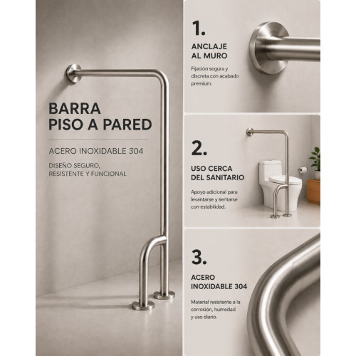 Kit Barra Seguridad Piso A Pared Y Barra Lineal De 80cm -304