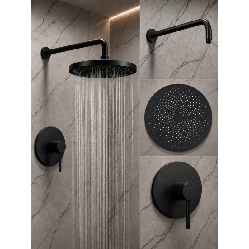 Kit Completo Mezclador Ducha Negro Y Ducha 20cm Tubo Pared