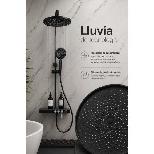 Kit Completo Mezclador Ducha Negro Y Ducha 20cm Tubo Pared