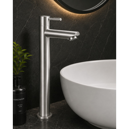 Kit Grifería Lavamanos Alta Agua Fría Inox + Desagüe Push Flex