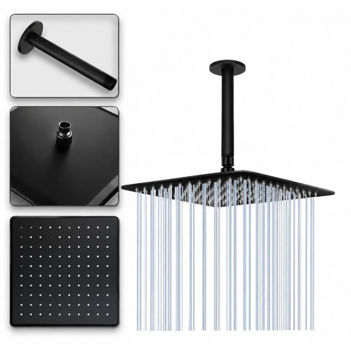 Regadera Ducha Piatto Negra 20cm Acabado Mate-tubo Techo