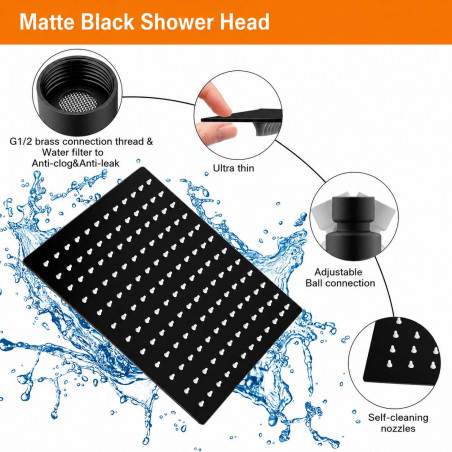 Regadera Ducha Piatto Negra 20cm Acabado Mate-tubo Techo