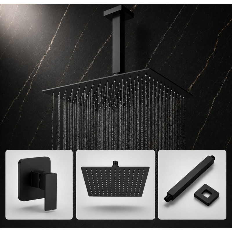 Mezclador Ducha Negro Quadratto + Ducha 30cm + Tubo