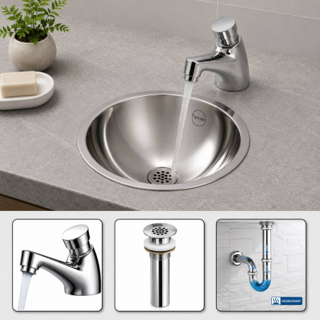 Kit Lavamanos Acero 35cm , Llave Push Y Sistema De Desagüe