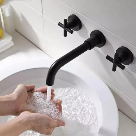 Griferia Negra Lavamanos Pared Mezclador Agua Fria Caliente