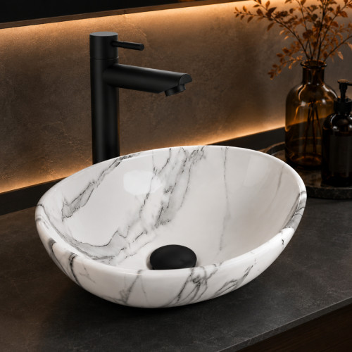 Kit Completo Lavabo Venato Oval-sifón -grifo Negro Agua Fría
