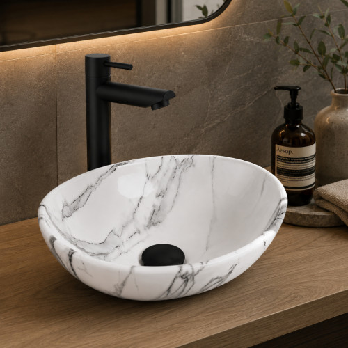 Kit Completo Lavabo Venato Oval-sifón -grifo Negro Agua Fría