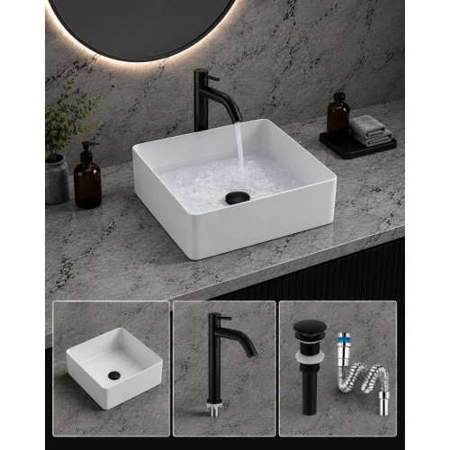 Kit Griferia Color Negro Agua Fría -lavamanos Monza- Desagüe