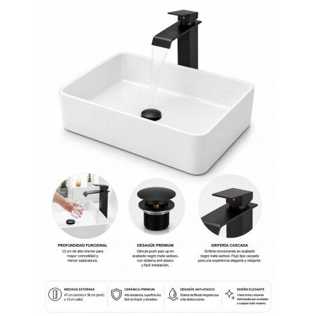Kit Griferia Cascada Tugela Negra- Lavamanos Pool -desagüe