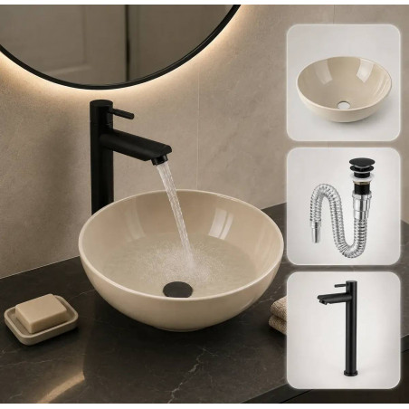 Kit Grifería Negra Agua Fría -lavamanos Tazón Beige-desagüe