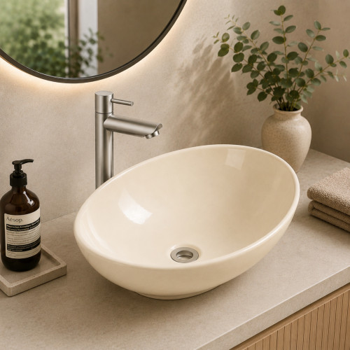 Kit Grifo Agua Fría Acero-lavamanos Canoa Beige Y Desagüe