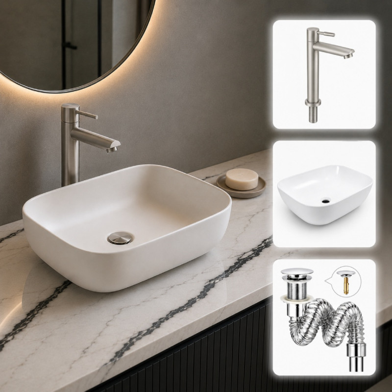 Kit Lavamanos Blanco Coal 45 X 34-griferia Agua Fría-desagüe