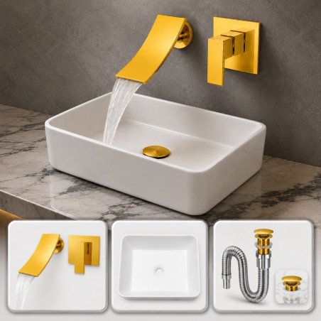 Kit Llave Cascada Pared Lavamanos Pool Rectangular Tm Dorado Brillante