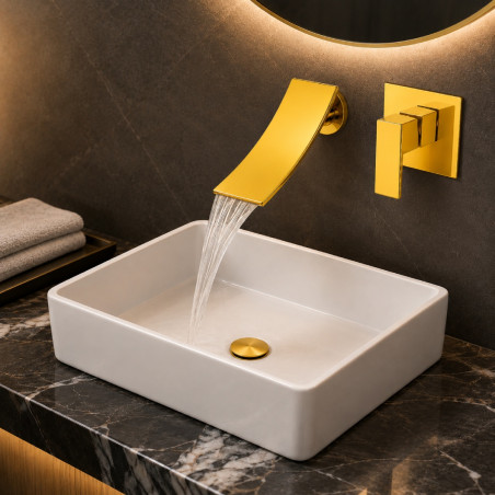 Kit Llave Cascada Pared Lavamanos Pool Rectangular Tm Dorado Brillante