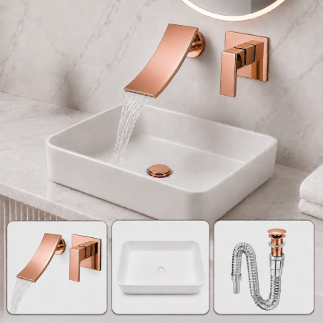 Kit Llave Cascada Pared Rose Lavamanos Pool Rectangular Rosa Brillante