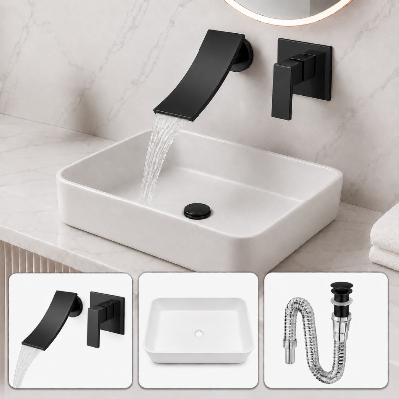 Kit Llave Cascada Pared Mate Lavamanos Pool Rectangular Tm Negro Matte Y Brillante