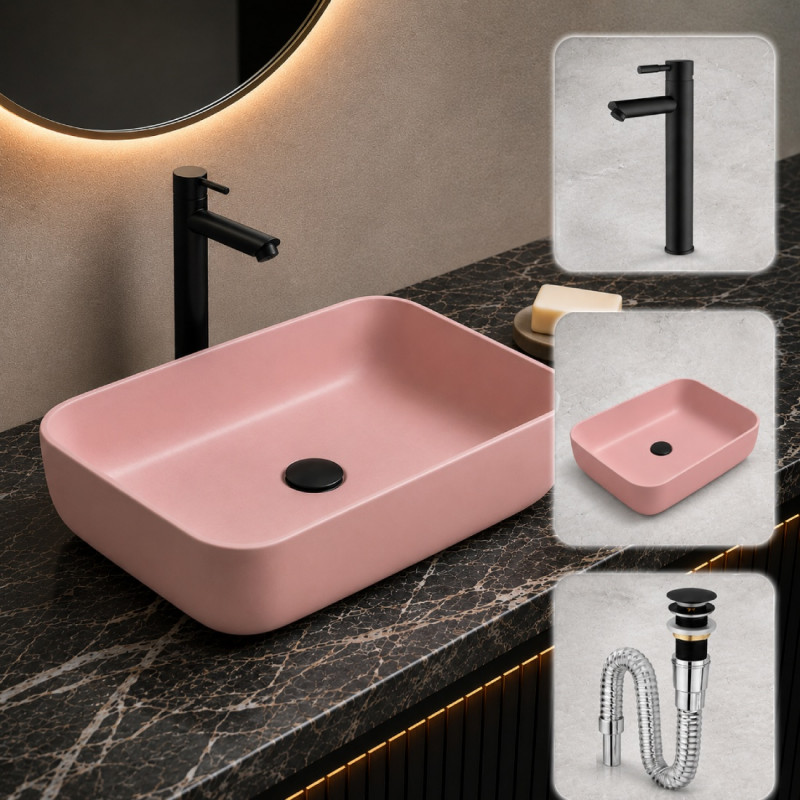 Kit Completo Lavamanos Rosa Mate Pool-desagüe -griferia Negra