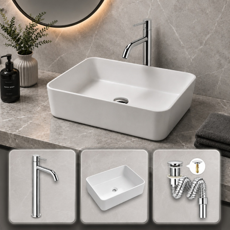 Kit Griferia Mezclador Cigno Largo -lavamanos Pool Rectangular- Desagüe