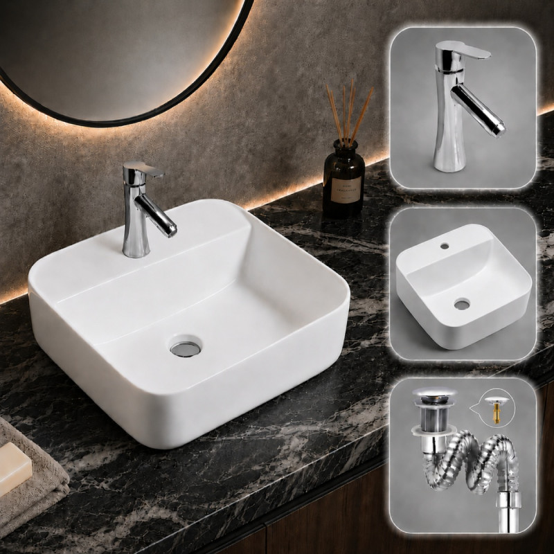 Kit Lavamanos Torino Blanco + Griferia Agua Fría Y Desagüe