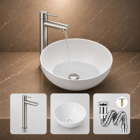 Kit Lavamanos Blanco Tazón -desagüe- Griferia Agua Fría