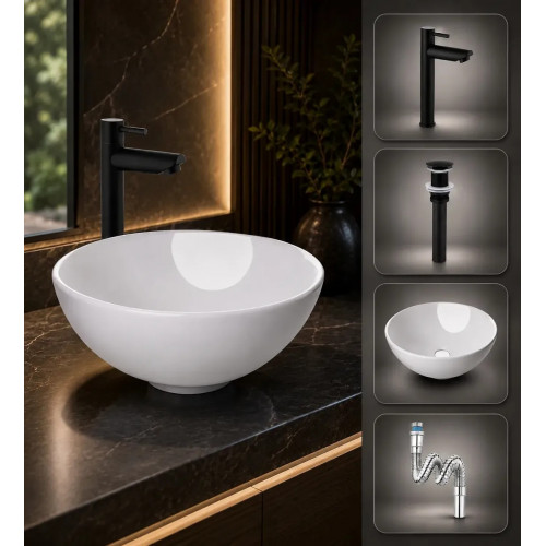 Kit Griferia Color Negro Agua Fría -lavamanos Tazón-desagüe