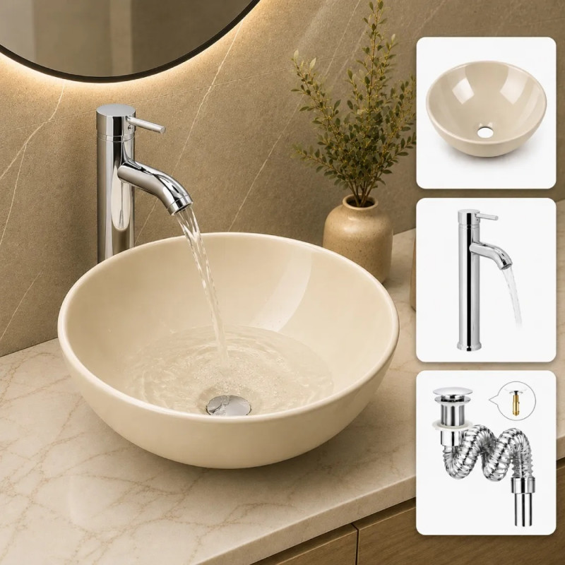 Kit completo lavamanos Beige tazón -desagüe -grifo mezclador