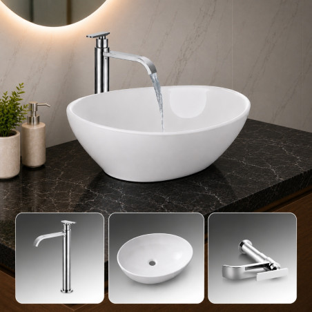 Kit Lavamanos Canoa, Griferia Cascada Fría Brillante Desagüe