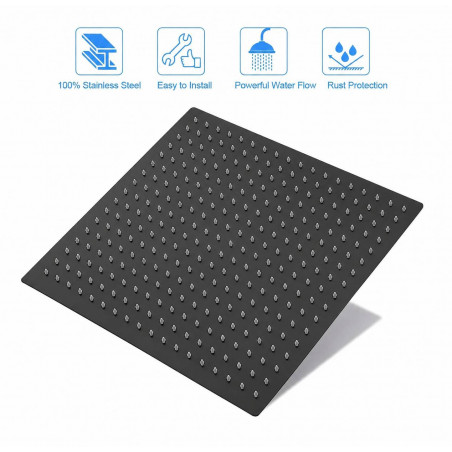 Ducha Grande 40 cm Acero Anticalcarea Negro Matte +tubo Techo