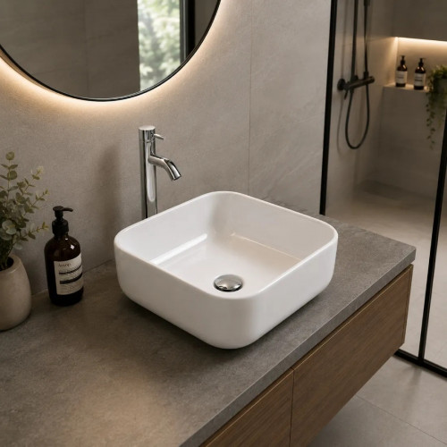 Kit Lavamanos Blanco Vessel Bordes Curvilineos 38x 38x 13,5cm