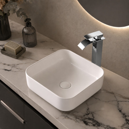Lavamanos Blanco Bordes Suaves 38x38 + Mezclador Cascada -Desagüe