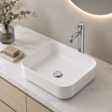 Kit Lavamanos Blanco Borde Suaves 39cm + Mezclador + Desagüe