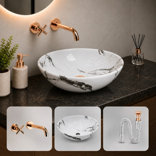 Kit Lavamanos Oval-sifón- Grifo Oro Rosa Pared Agua Fría