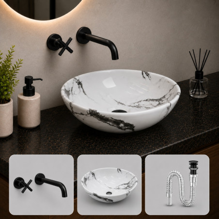 Kit Lavamanos Oval-sifón- Grifo Negro Matte Pared Agua Fría