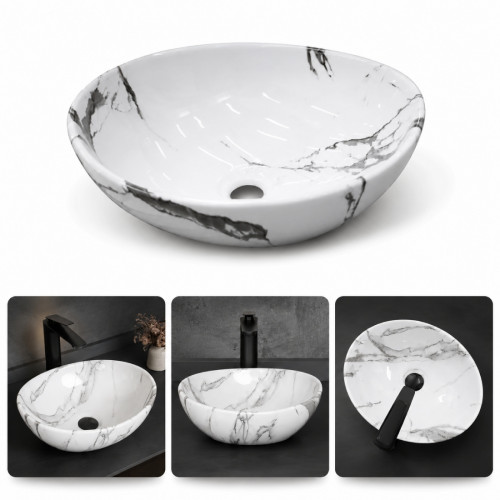 Kit Lavamanos Oval-sifón- Grifo Negro Matte Pared Agua Fría