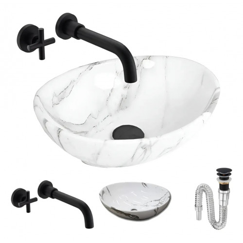 Kit Lavamanos Oval-sifón- Grifo Negro Matte Pared Agua Fría