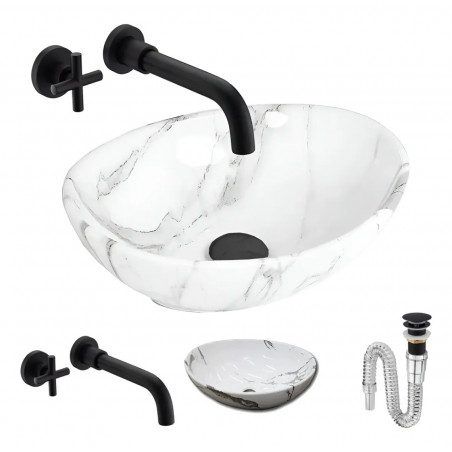 Kit Lavamanos Oval-sifón- Grifo Negro Matte Pared Agua Fría