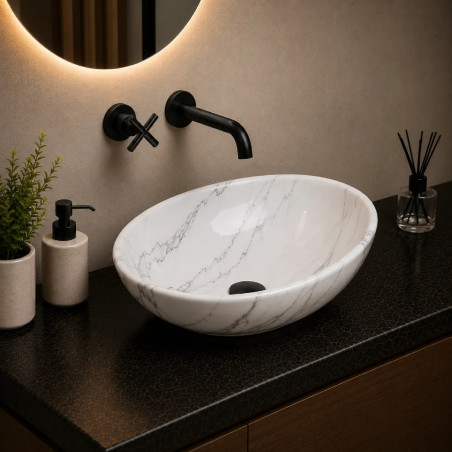 Kit Lavamanos Oval-sifón- Grifo Negro Matte Pared Agua Fría