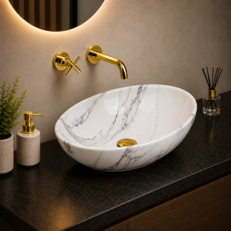 Kit Lavamanos Oval-sifón- Grifo registro Dorado Pared Agua Fría