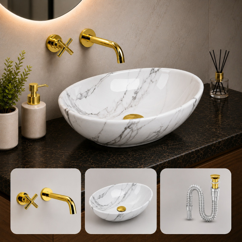 Kit Lavamanos Oval-sifón- Grifo registro Dorado Pared Agua Fría