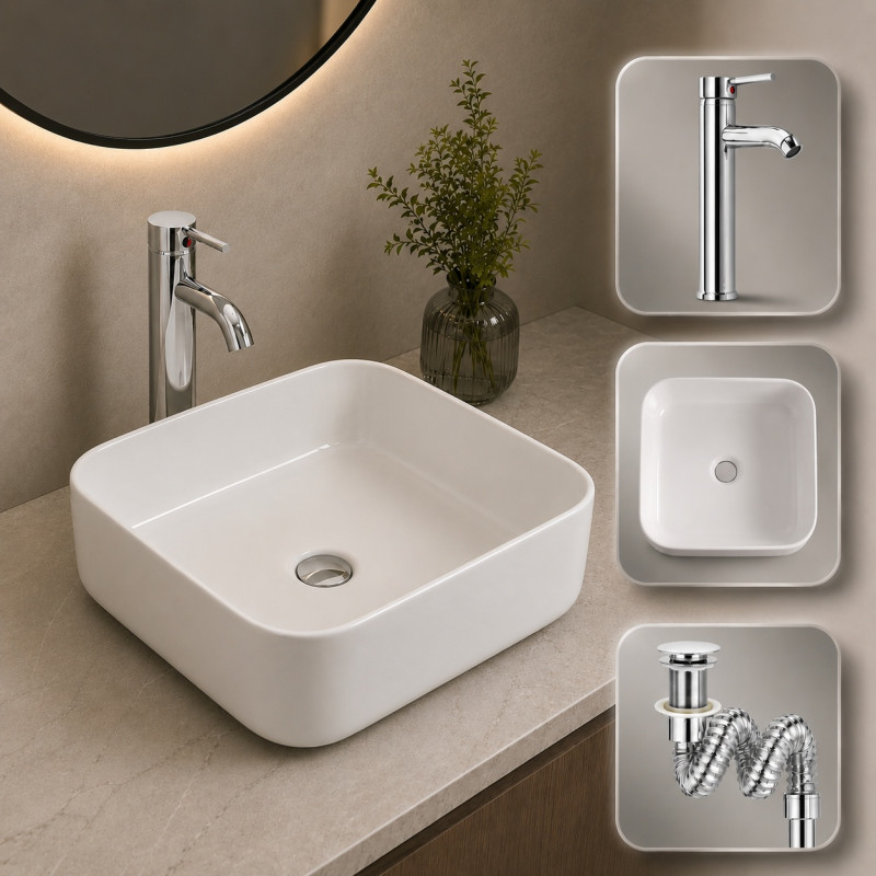 Kit Lavamanos Blanco Borde Suaves 39cm + Mezclador + Desagüe