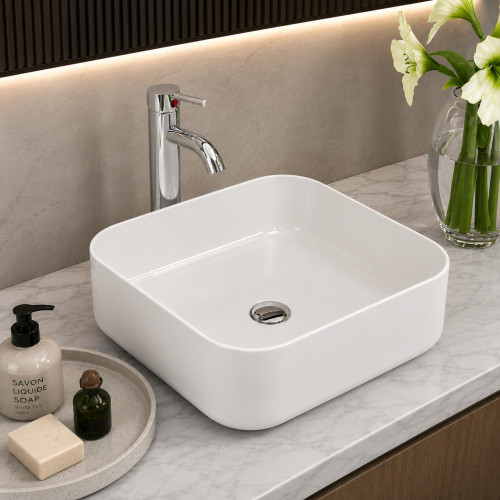 Kit Lavamanos Blanco Borde Suaves 39cm + Mezclador + Desagüe