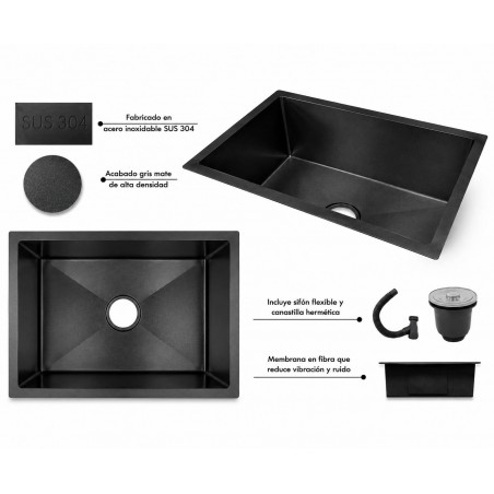 Lavaplatos Anti-Vibratorio 60cm X 40cm Acero Negro Grafito