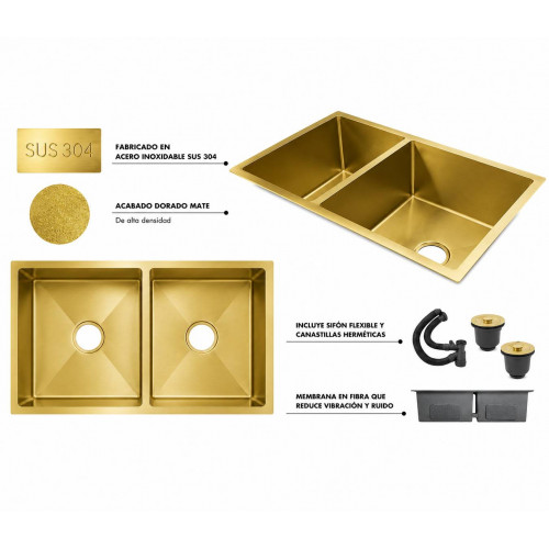 Lavaplatos Doble Poceta Dorado Anti Ruido 78cm X 41cm X 21 Cm Acero
