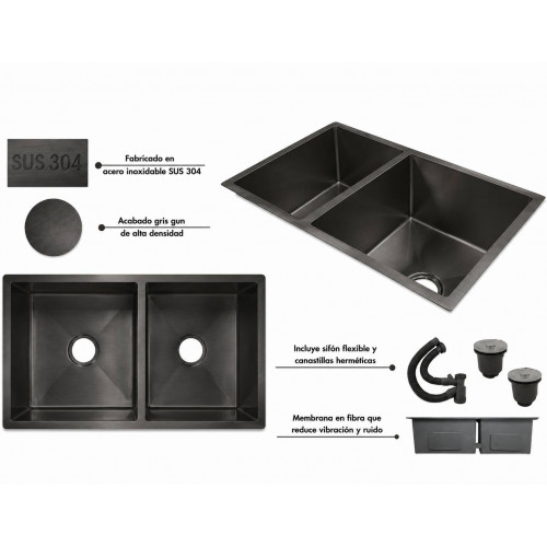 Lavaplatos Doble Poceta Negro Anti Ruido 78cm X 41cm X 21 Cm Acero