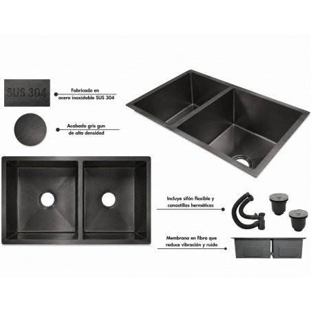 Lavaplatos Doble Poceta Negro Anti Ruido 78cm X 41cm X 21 Cm Acero