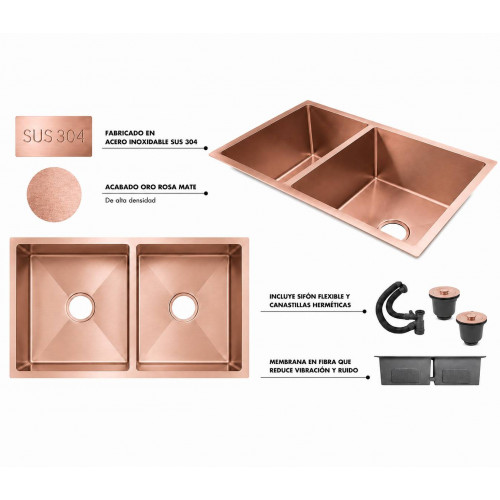 Lavaplatos Doble Poceta Oro Rosa Anti Ruido 78cm X 41cm X 21 Cm Acero