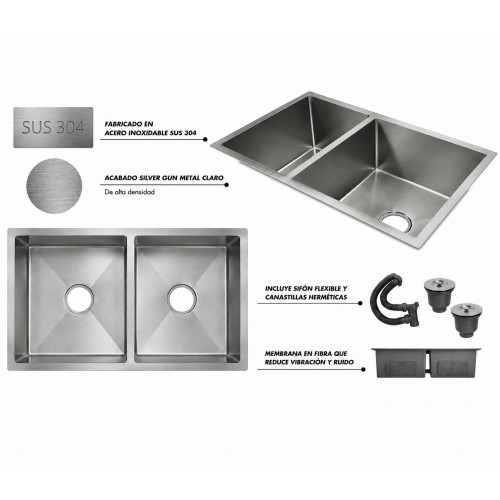 Lavaplatos Doble Poceta Anti Ruido 78cm X 41cm X 21 Cm Acero Grafito