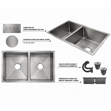 Lavaplatos Doble Poceta Anti Ruido 78cm X 41cm X 21 Cm Acero Grafito
