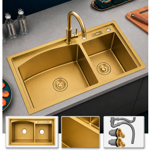 Lavaplatos doble poceta antiruido acero 304 acabado dorado oro